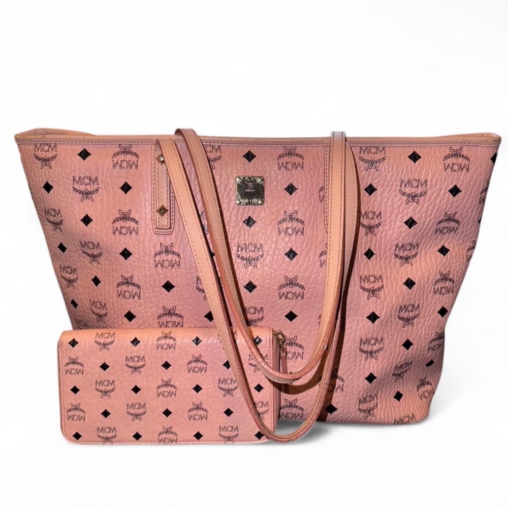 pink mcm visetos medium shopper leather tote bag